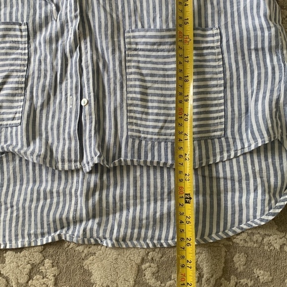 Tahari Blue Stripe Button Front Linen Shirt Hooded M nautical Lagenlook beach - Picture 5 of 10